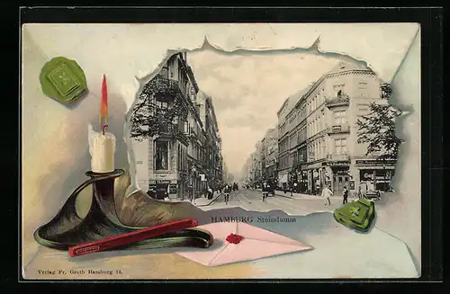Passepartout-Lithographie Hamburg-St.Georg, Blick in den Steindamm, Kerze mit Brief