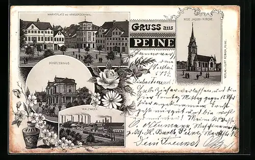 Lithographie Peine, Schützenhaus, Marktplatz mit Kriegerdenkmal, Walzwerk