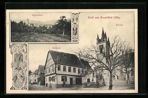 AK Rauenthal i. Rhg., Rathaus und Kirche, Ortsansicht