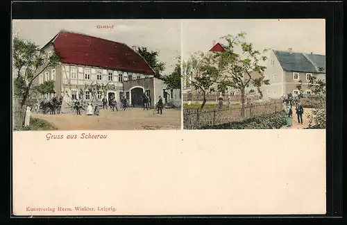 AK Scheerau, Ansicht vom Gasthof, Strassenpartie im Dorf