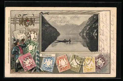 AK Berchtesgaden, Königsee mit Bootspartie, Briefmarken, Postillon, Wappen