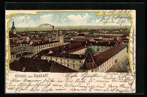 Lithographie Rastatt, Teilansicht aus der Vogelschau