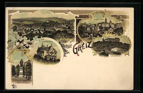 Lithographie Greiz, Unteres und oberes Schloss, Old-Fellow-Heim, Ortsansicht
