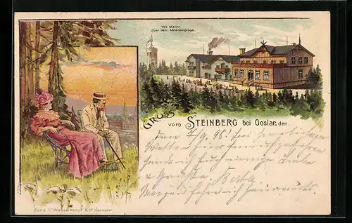 Lithographie Goslar, Gasthaus Zum Steinberg, Pärchen blickt über die Stadt