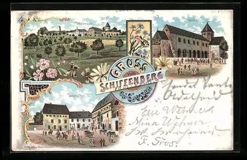 Lithographie Schiffenberg bei Giessen, Innerer Hof, Kapelle, Totalansicht