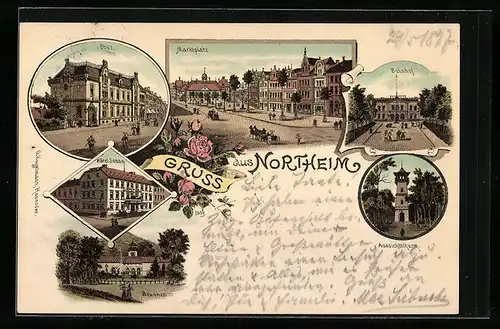 Lithographie Northeim, Hotel Sonne, Bahnhof, Marktplatz