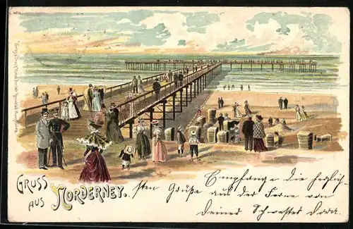 Lithographie Norderney, Strandpartie mit Seesteg