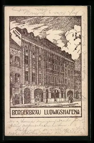 Künstler-AK Ludwigshafen, Gasthaus Bürgerbräu J. Gerstenmeier mit Strasse