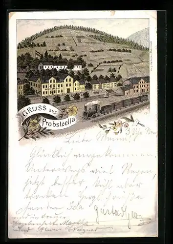 Lithographie Probstzella, Ortsansicht mit Eisenbahn und Berg