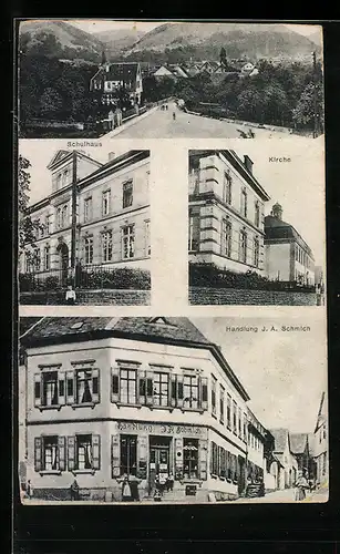 AK Dossenheim, Handlung J. A. Schmich mit Strasse, Schulhaus, Ortsansicht