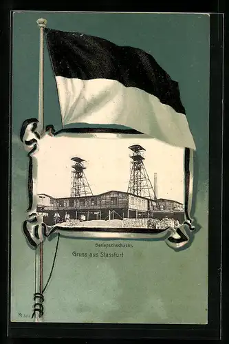 Passepartout-Lithographie Stassfurt, Berlepschschacht, Deutsche Fahne