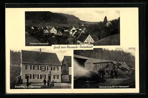 AK Nassach-Unterhütt, Gasthaus u. Bäckerei Fr. Wieland, Kohlenmeiler mit Köhlern, Gesamtansicht