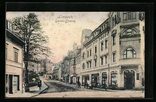 AK Limbach, Garten-Strasse mit Geschäft von Paul Kluge