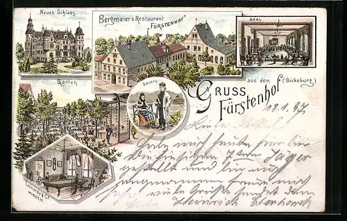 Lithographie Bückeburg, Bergmeier`s Restaurant Fürstenhof, Schloss, Garten, Bauern in Tracht