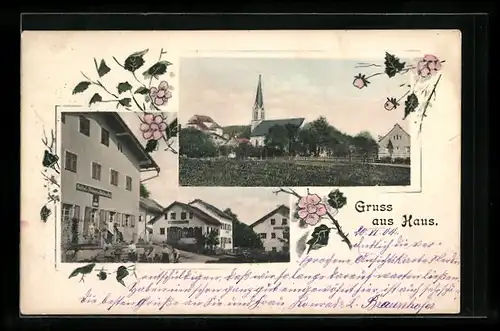 AK Haus, Gasthof und Bäckerei, Kirche im Ortsbild