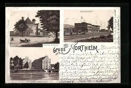 Lithographie Northeim, Bahnhof, Brauhaus, Rhume-Mühle