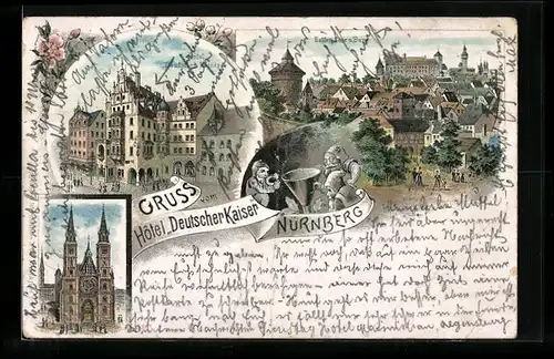 Lithographie Nürnberg, Hôtel Deutscher Kaiser, Haller Tor und Burg, Kirche