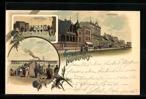 Lithographie Norderney, Kaiserstrasse, Badewarterinnen, Seesteg