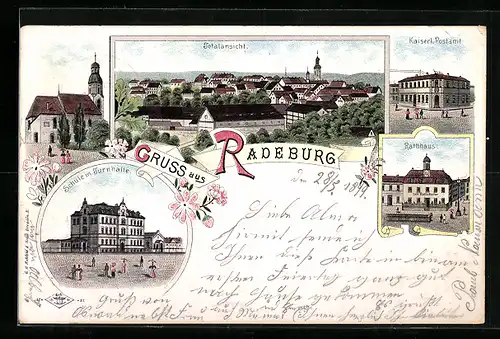 Lithographie Radeburg, Totalansicht, Schule mit Turnhalle, Kaiserl. Postamt