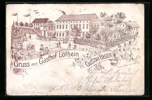 Lithographie Löthein, Strassenpartie am Gasthof von Gustav Beger