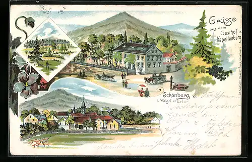 Lithographie Schönberg i. Voigtl., Gasthof zum Kapellenberg, Teilansicht vom Ort