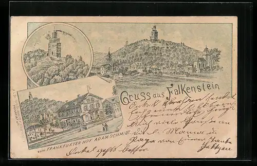 Lithographie Falkenstein, Gasthaus zum Frankfurter Hof, Ruine, Ortsansicht