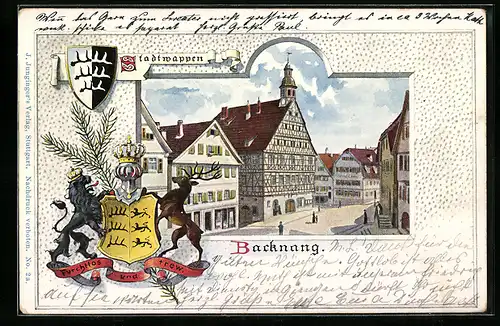 Passepartout-Lithographie Backnang, Strassenpartie im Ortskern mit Rathaus, Stadtwappen