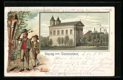 Lithographie Oggersheim, Kirche, Wanderer am Wegekreuz