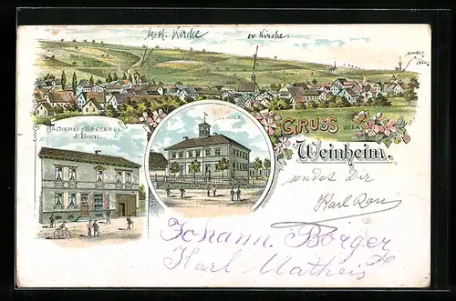 Lithographie Weinheim, Gesamtansicht, Bäckerei Specerei J. Born, Schule