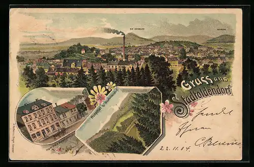 Lithographie Stadtoldendorf, Hemme`s Bahnhofshotel, Panorama, Die Homburg