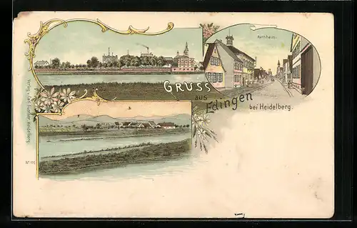 Lithographie Edingen bei Heidelberg, Rathaus, Panorama