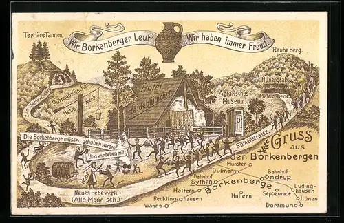 Lithographie Lüdinghausen-Borkenberge, Humoristische Ansicht vom Hotel Haideblümchen