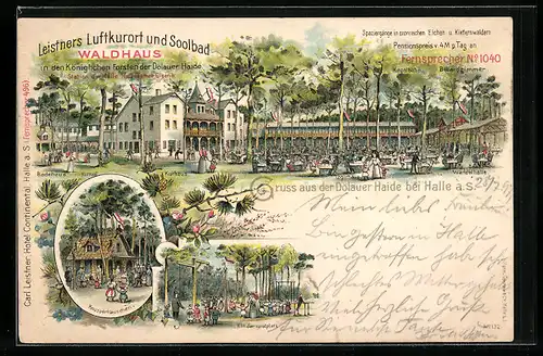 Lithographie Halle /Saale, Gasthaus Waldhaus - Leistners Luftkurort und Soolbad, Dölauerheide, Knusperhäuschen