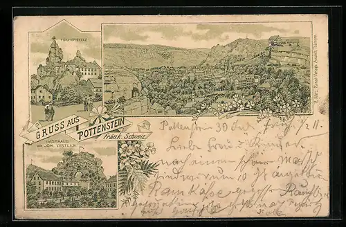 Lithographie Pottenstein / Fränk. Schweiz, Gasthaus von J. Distler, Ortsansicht