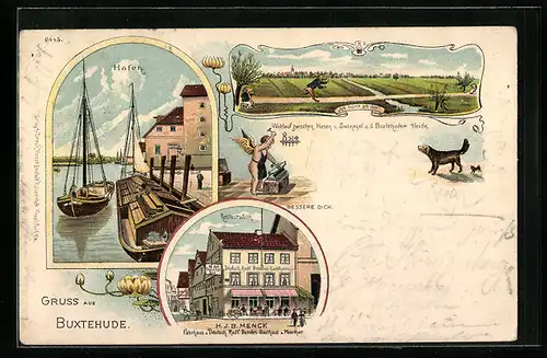 Lithographie Buxtehude, Restaurant von H. J. B. Menck, Hafen