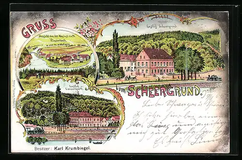 Lithographie Klosterbuch, Gasthof Scheergrund, Aussicht nach Maylust