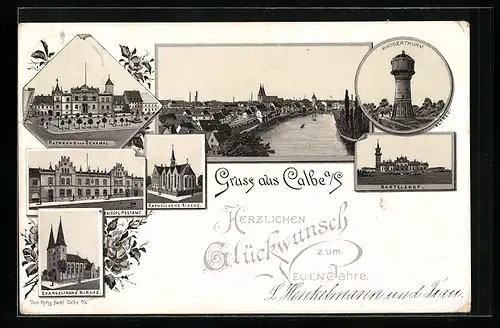 Lithographie Calbe a. S., Wasserthurm, Bartelshof, Rathaus, Kaiserl. Postamt, Kath. und Ev. Kirche