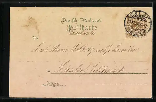 Lithographie Calbe a. S., Wasserthurm, Bartelshof, Rathaus, Kaiserl. Postamt, Kath. und Ev. Kirche