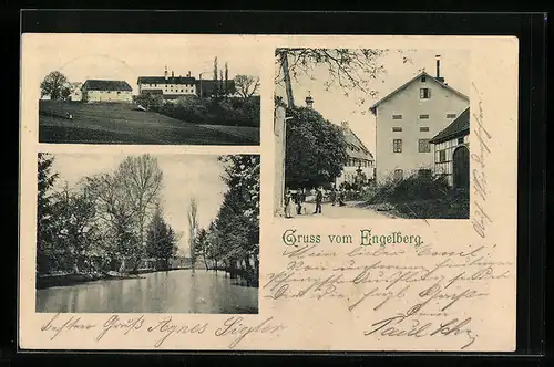 AK Winterbach, Gasthaus zum Engelberg, Strassenpartie, Flusspartie