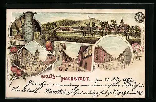 Lithographie Hochstadt, Strassenansichten aus dem Ort mit Schule und Rathaus