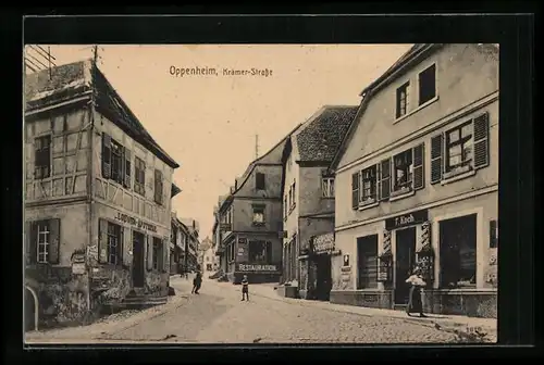 AK Oppenheim, Krämer-Strasse mit Café Weinstube Koch, Restauration und Loewen-Apotheke