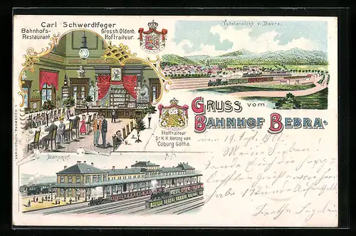 Lithographie Bebra, Bahnhof mit haltenden Zügen, Bahnhofs-Restaurant Carl Schwerdtfeger