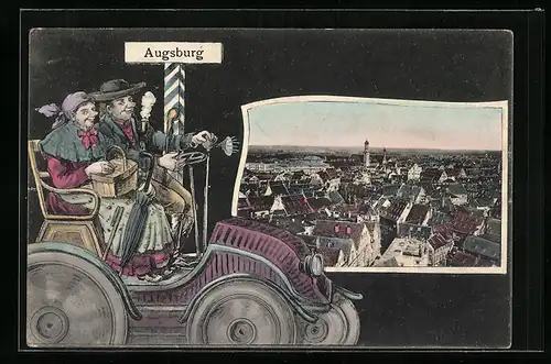 Grusskarten-AK Augsburg, Blick über die Dächer der Stadt, Paar im Automobil
