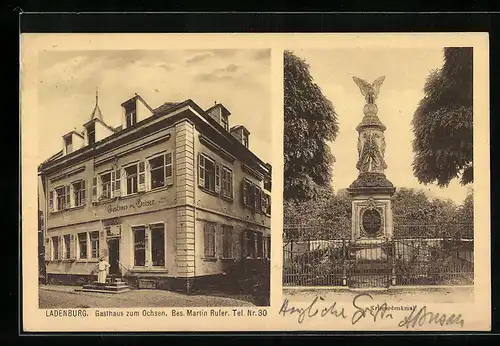 AK Ladenburg, Gasthaus zum Ochsen, Kriegerdenkmal