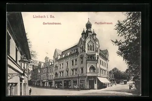 AK Limbach i. Sa., Gartenstrasse Ecke Moritzstrasse mit Geschäft