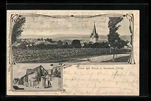 AK Weira b. Neustadt /Orla, Strassenpartie im Sonnenschein, Teilansicht mit Kirche