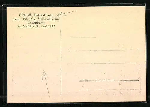 Künstler-AK Ladenburg, Festpostkarte zum 1850 jährigen Stadtjubiläum 28.05.-12.06.1949, Neckarbrücke mit Lokomotive 1849