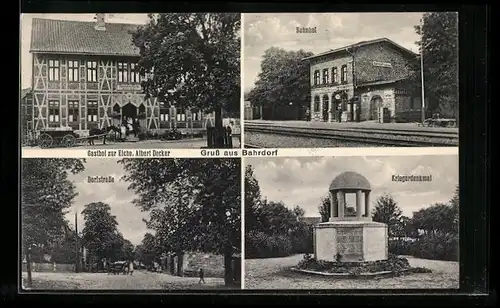 AK Bahrdorf, Gasthof zur Eiche, Dorfstrasse, Bahnhof, Kriegerdenkmal