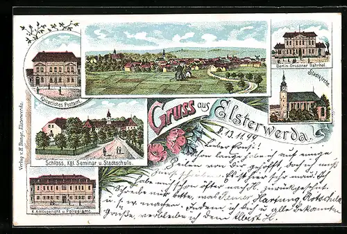 Lithographie Elsterwerda, Stadtkirche, Schloss, Kaiserliches Postamt, Berlin-Dresdner Bahnhof