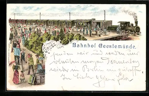 Lithographie Geestemünde, Bahnhof mit Eisenbahn